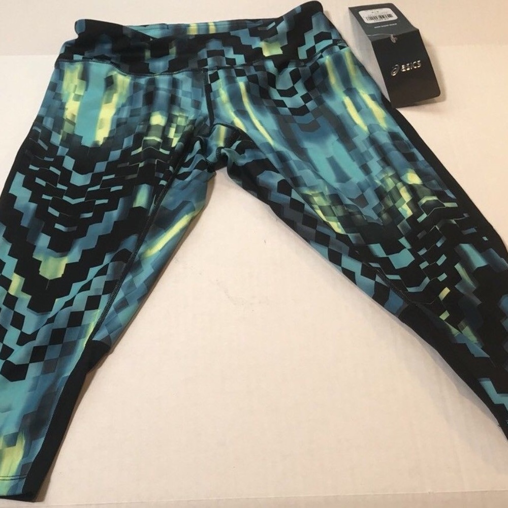 ASICS W Printed Capri Turq Check  leggings  NEW - Picture 2 of 6